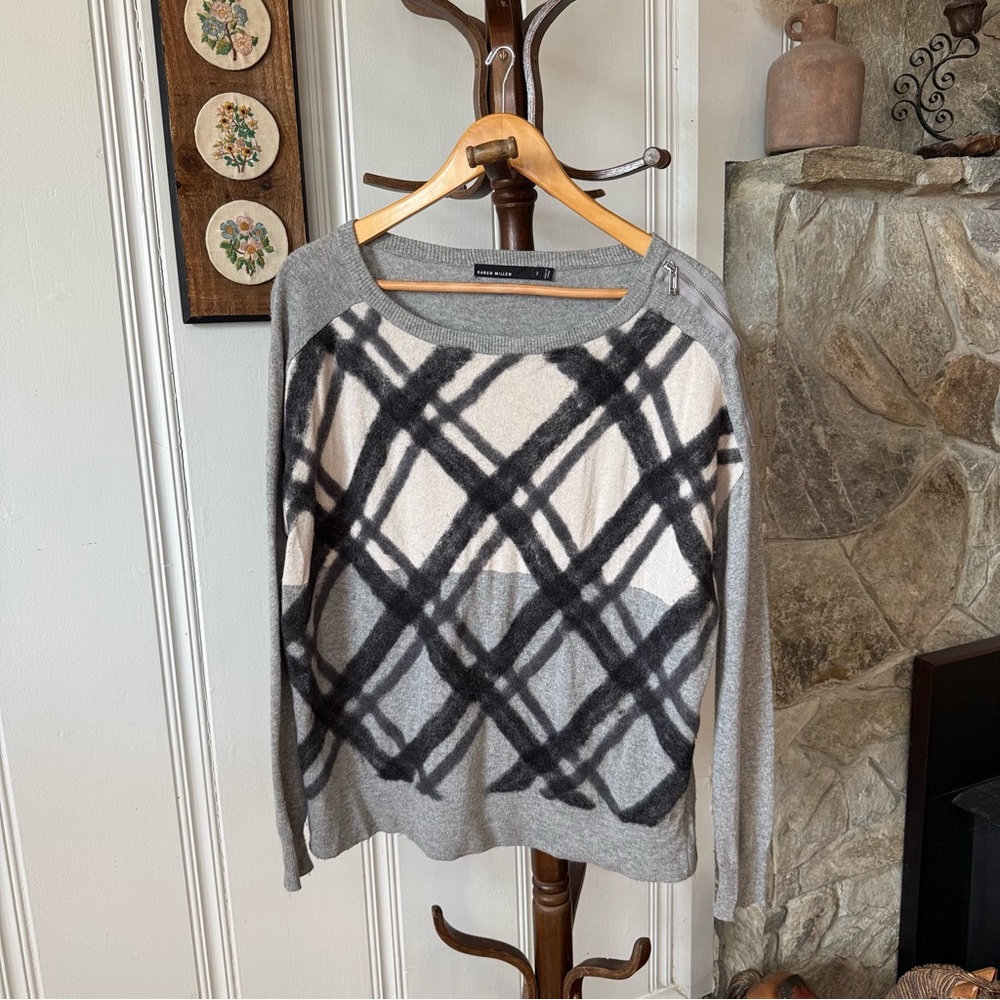 Karen Millen Plaid Knit Grey Sweater size Large